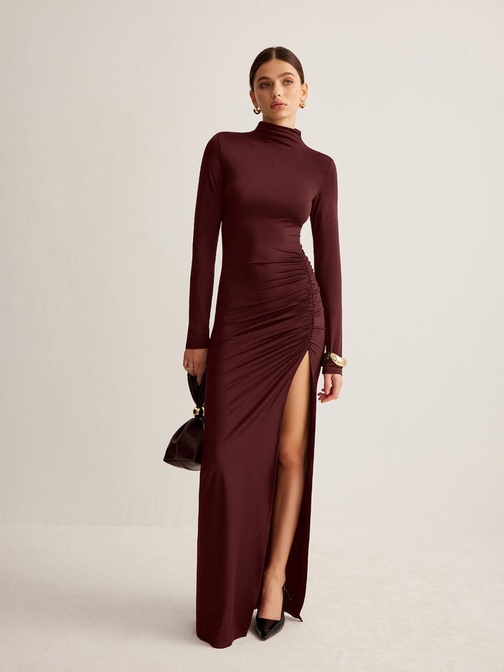 Commense Stand-Collar Pleated Slit Jersey Dress burgundy